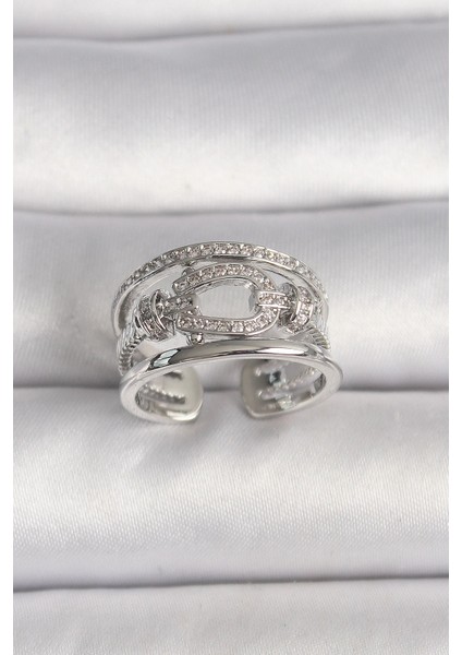 Pirinç Gümüş Renk Ayarlanabilir Zirkon Taşlı Gemici Düğüm Model Kadın Yüzük