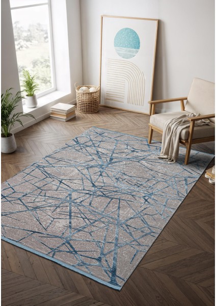 Step SE001M Gri Halı Modern Dekoratif Mavı Çizgili Pamuk Taban Triko Akrilik Salon Mutfak Halısı