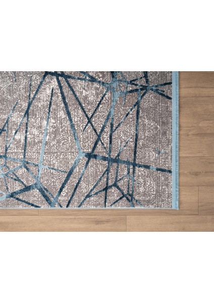 Step SE001M Gri Halı Modern Dekoratif Mavı Çizgili Pamuk Taban Triko Akrilik Salon Mutfak Halısı indirimleri