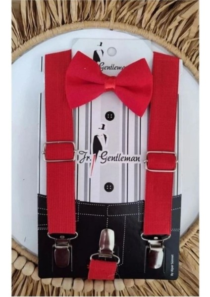 Erkek Çocuk Kırmızı Pantolon Askısı ve Papyon Takım 1-7 Yaş
