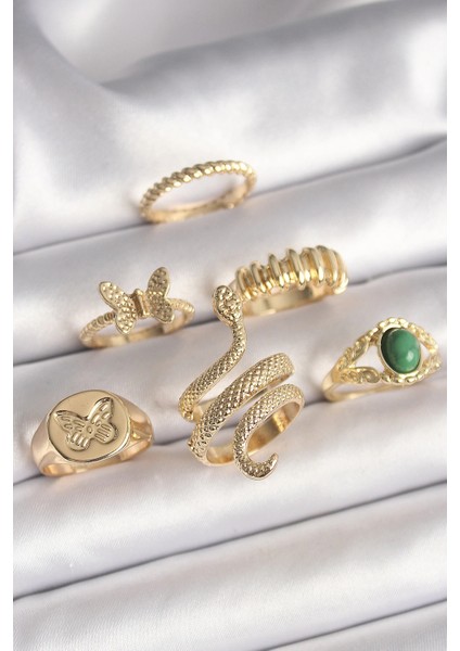 Pirinç Gold Renk Işlemeli Yılan Model Kelebek Detay 6'lı Kadın Yüzük Seti