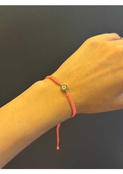 Turuncu Ip El Yapımı Zirkon Taşlı Nazar Boncuğu Bileklik