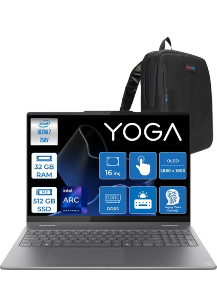 Yoga 7 2-In-1 16ILL10 Intel Core Ultra 7 258V 32GB 512GB SSD Freedos Intel Arc 140V OLED 500NITS 16" Wqxga+ (2880X1800) 120HZ Dokunmatik Y83JT0018TRF01 + Lenovo Yoga Kalem + Zetta Çanta