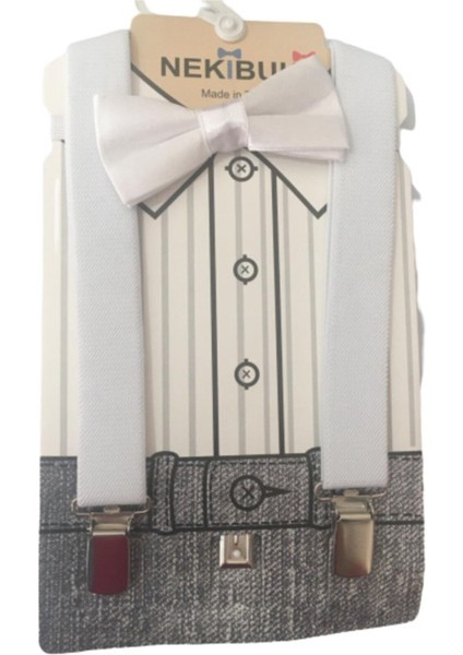 Erkek Çocuk Beyaz Pantolon Askısı ve Papyon Seti