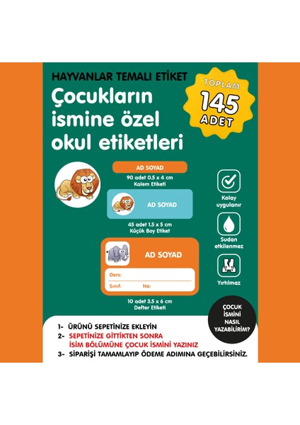 Hayvanlar Temalı Isme Özel Okul Etiketi