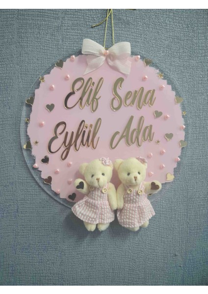 Boyalı Pleksi Ayıcıklı Ikiz Bebek Hastane Bebek Çocuk Odası Kapı Süsü