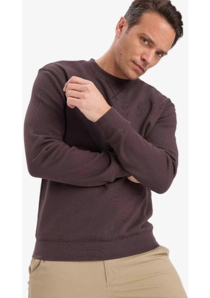 %100 Pamuk Regular Fit Bisiklet Yaka Kahverengi Erkek Sweatshirt E8339AX/BN596