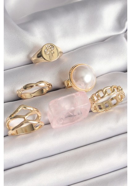 Pirinç Gold Renk Daire 3D Incili Figür Zincir Model Gül Işleme Detaylı 6'lı Kadın Yüzük Seti