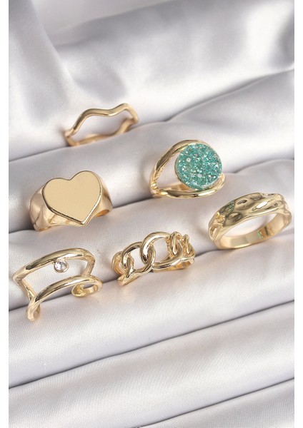 Pirinç Gold Renk Zirkon Taşlı Kalp Plaka Figür Mavi Simli Detay 6'lı Kadın Yüzük Seti