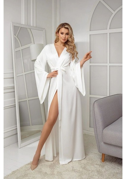 Kolları Kloş Ipeksi Saten Uzun Gelin Sabahlik Kimono