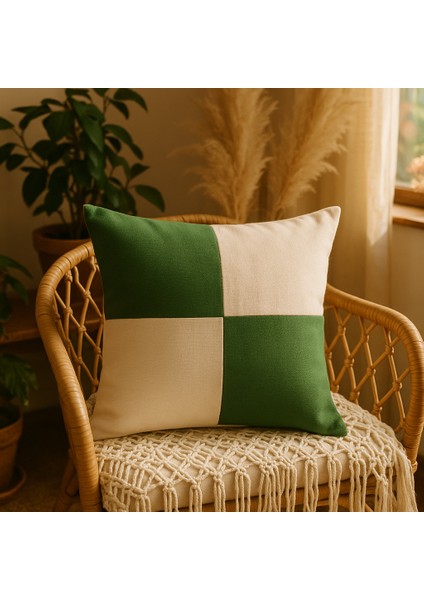 Yeşil Krem Dört Kare Model Duck Kumaş Dekoratif Kırlent Kılıfı 40X40 43X43 45X45 50X50 - Boho Tarzı, Fermuarlı, Sadece Kılıf