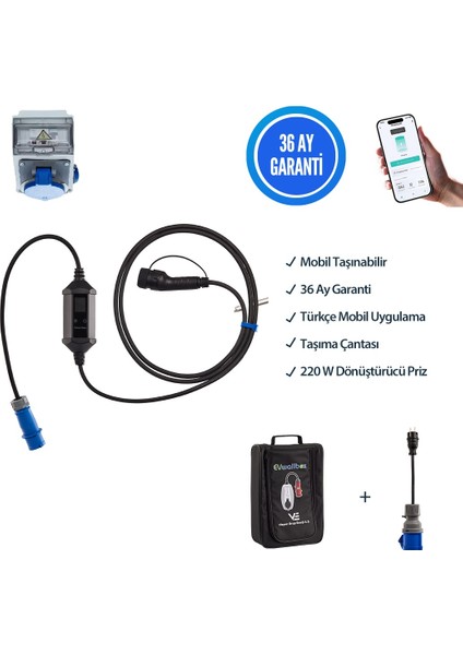 7,4 Kw Taşınabilir 5mt Tip2 Kablo + Wifi + Bluetooth + Mobil Uygulama + Tekli Kombinasyon Panosu + Taşıma Çantası + 220V Dönüştürücü (Siyah Kasa)