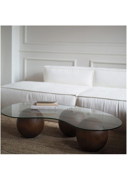 Fasülye Küre Ahşap Cam Orta Sehpa Kahverengi