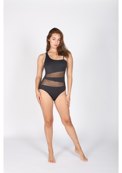 Kadın Siyah Tek Omuz Tül Detaylı Likralı Mayo - Ayarlanabilir Askı - Vücuda Oturan Poliamid Kumaş