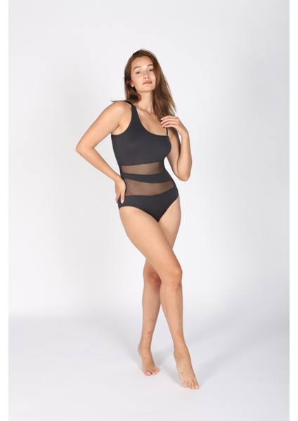 Kadın Siyah Tek Omuz Tül Detaylı Likralı Mayo - Ayarlanabilir Askı - Vücuda Oturan Poliamid Kumaş fiyatları