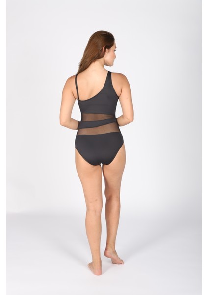 Kadın Siyah Tek Omuz Tül Detaylı Likralı Mayo - Ayarlanabilir Askı - Vücuda Oturan Poliamid Kumaş modelleri