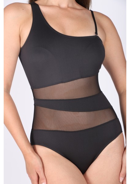 Kadın Siyah Tek Omuz Tül Detaylı Likralı Mayo - Ayarlanabilir Askı - Vücuda Oturan Poliamid Kumaş fırsatları