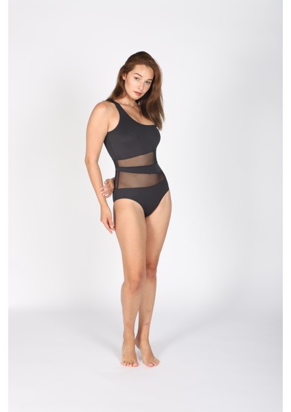 Kadın Siyah Tek Omuz Tül Detaylı Likralı Mayo - Ayarlanabilir Askı - Vücuda Oturan Poliamid Kumaş indirimleri