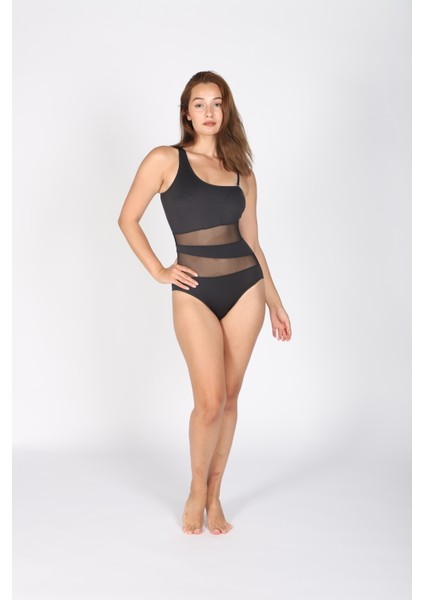 Kadın Siyah Tek Omuz Tül Detaylı Likralı Mayo - Ayarlanabilir Askı - Vücuda Oturan Poliamid Kumaş