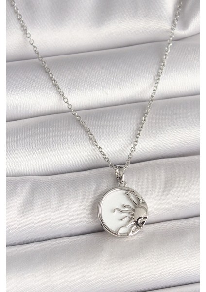 316L Çelik Gümüş Renk Zincir Beyaz Mineli Gün Batımı Model Kadın Kolye