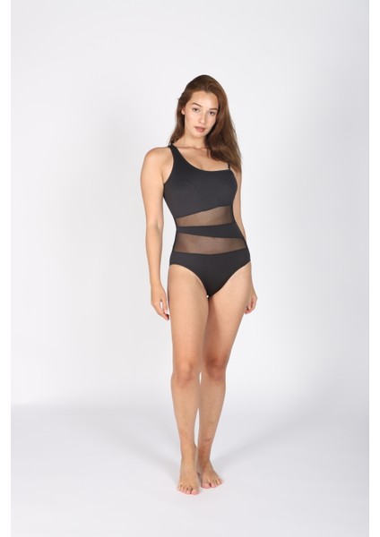 Kadın Siyah Tek Omuz Tül Detaylı Likralı Mayo - Ayarlanabilir Askı - Vücuda Oturan Poliamid Kumaş