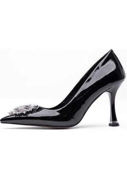 Özel Tasarım Işıltılı Siyah Rugan Zarif Ince Topuklu Sivri Burun Abiye Stiletto Ayakkabı