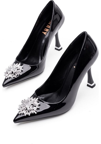 Özel Tasarım Işıltılı Siyah Rugan Zarif Ince Topuklu Sivri Burun Abiye Stiletto Ayakkabı modelleri