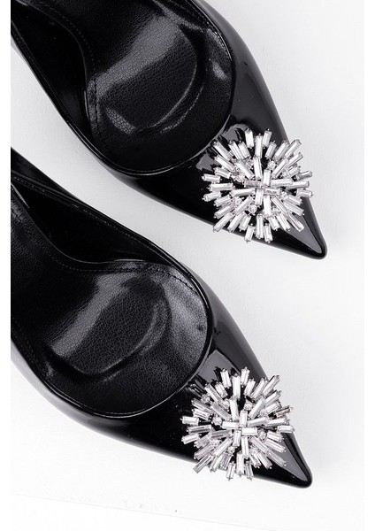 Özel Tasarım Işıltılı Siyah Rugan Zarif Ince Topuklu Sivri Burun Abiye Stiletto Ayakkabı fırsatları