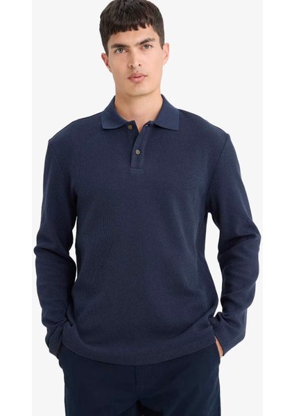 %100 Pamuk Regular Fit Polo Yaka Düğmeli Dokulu Sweatshirt E9627AX25AU