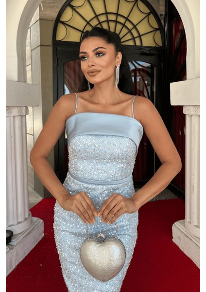 Pul Payet Kumaş Saten Detaylı Kalem Elbise - Bebe Mavisi modelleri