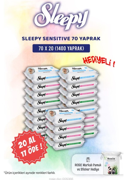 20 Al 17 Öde Sensitive 70'li Bebek Islak Mendili ve Rosie Pamuk Hediye