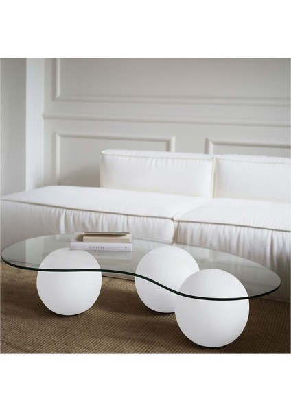 Fasülye Küre Ahşap Cam Orta Sehpa Beyaz