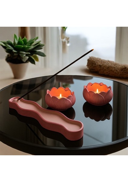 Lotus Tasarım Pembe Mumluk ve Tütsülük Seti – 2’li Taş Tozu Tealight Mumluk + 1 Adet Tütsülik modelleri