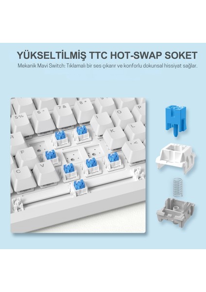 AK820 Kablolu Mekanik Oyun Klavyesi , Mavi Işıklı, Beyaz, 82 Tuş, Hot Swap, Anti Ghosting modelleri