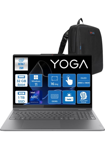Yoga 7 2-In-1 16ILL10 Intel Core Ultra 7 258V 32GB 1tb SSD Windows 11 Pro Intel Arc 140V OLED 500NITS 16" Wqxga+ (2880X1800) 120HZ Dokunmatik Y83JT0018TRP02 + Lenovo Yoga Kalem + Zetta Çanta