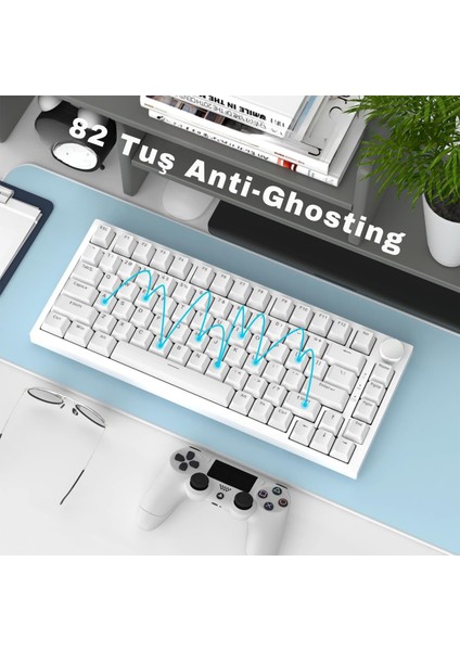 AK820 Kablolu Mekanik Oyun Klavyesi , Mavi Işıklı, Beyaz, 82 Tuş, Hot Swap, Anti Ghosting
