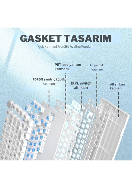 AK820 Kablolu Mekanik Oyun Klavyesi , Mavi Işıklı, Beyaz, 82 Tuş, Hot Swap, Anti Ghosting