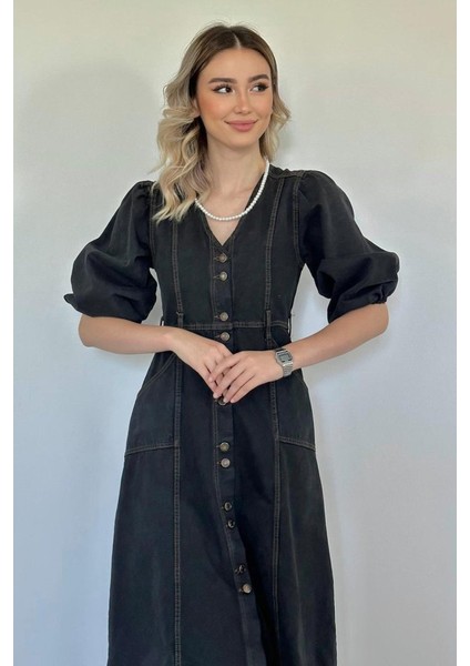 Mottisfashion Siyah Balon Kol Kot Elbise modelleri