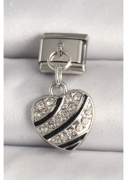 316L Çelik Gümüş Renk Zirkon Taşlı Kalp Model Nomination Charm