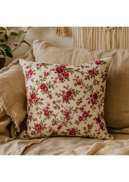 Vintage Çiçek Desenli Kırlent Kılıfı - Krem Zemin Kırmızı Çiçekli, Tela Destekli Overlok Dikişli, Gizli Fermuarlı, Sadece Kılıf modelleri