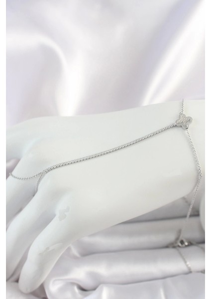 Pirinç Gümüş Renk Su Yolu Zirkon Taşlı Işlemeli Yonca Model Kadın Şahmeran