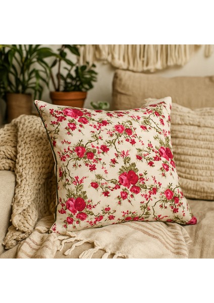 Vintage Çiçek Desenli Kırlent Kılıfı - Krem Zemin Kırmızı Çiçekli, Tela Destekli Overlok Dikişli, Gizli Fermuarlı, Sadece Kılıf