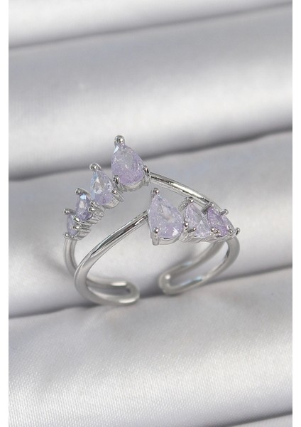 Pirinç Gümüş Renk Mor Damla Zirkon Taşlı Taç Model Kadın Yüzük