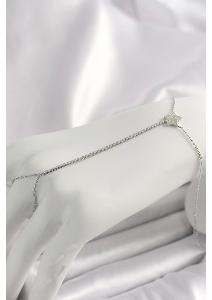 Pirinç Gümüş Renk Su Yolu Zirkon Taşlı Yıldız Model Kadın Şahmeran