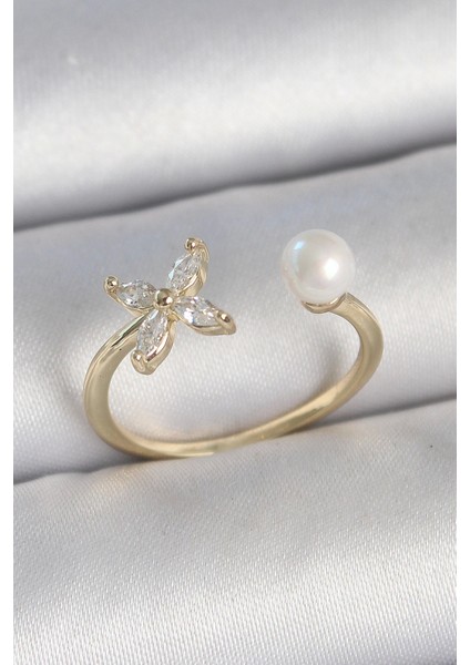 Pirinç Gold Renk Zirkon Taşlı Çiçek Model Inci Detay Ayarlanabilir Kadın Yüzük