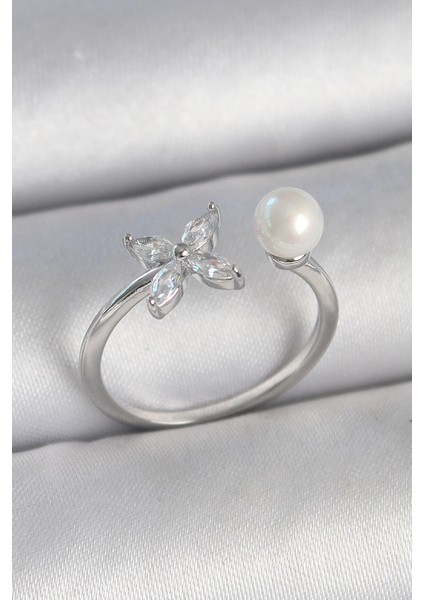 Pirinç Gümüş Renk Zirkon Taşlı Çiçek Model Inci Detay Ayarlanabilir Kadın Yüzük