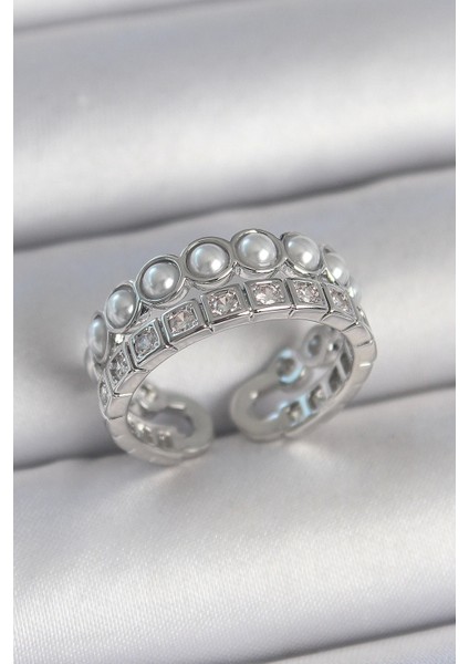 Pirinç Gümüş Renk 2'li Sıra Zirkon Taşlı ve Incili Ayarlanabilir Kadın Yüzük