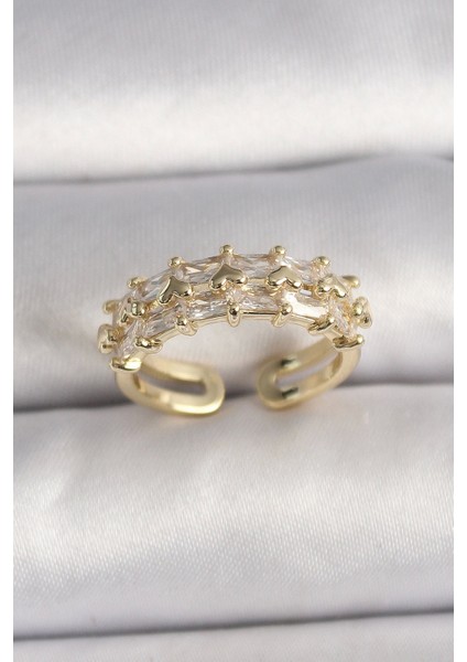 Pirinç Gold Renk Zirkon Taşlı Ayarlanabilir Yüzük