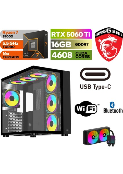 Msı Pc Ddr5 -Rtx 5060Tİ 16GB – Ryzen 7 9700X – 32GB -64GB Ddr5 Ram – 1 Tb M.2 SSD - Sıvı Sogutmalı - Windows 11 Pro Masaüstü Bilgisayar