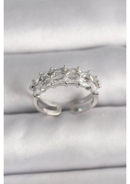 Pirinç Gümüş Renk Zirkon Taşlı Ayarlanabilir Yüzük